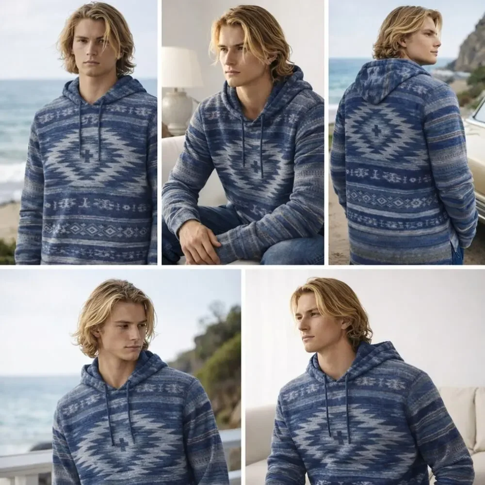 Polo Ralph Lauren Southwestern Knit Hoodie Men's Large Blue F326